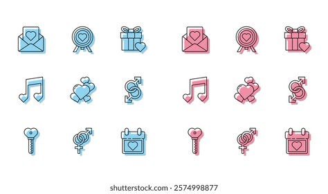 Set line Key in heart shape, Gender, Envelope with, Calendar, Heart, Male gender symbol, Music note, tone hearts and the center of darts target aim icon. Vector