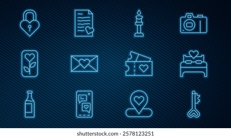 Set line Key in heart shape, Bedroom, Burning candle, Envelope with Valentine, Flower rose, Castle the of, Love ticket and  icon. Vector