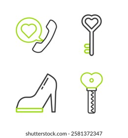 Set line Key in heart shape, Woman shoe with high heel,  and Telephone speech bubble icon. Vector