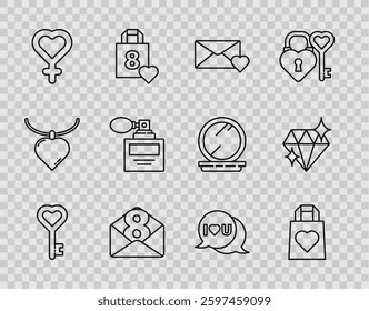 Set line Key in heart shape, Shopping bag with, Envelope 8 March, Female gender symbol, Perfume, Speech bubble I love you and Diamond icon. Vector