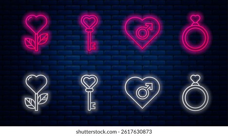 Set line Key in heart shape, Heart with male gender, Heart shape in a flower and Wedding rings. Glowing neon icon on brick wall. Vector