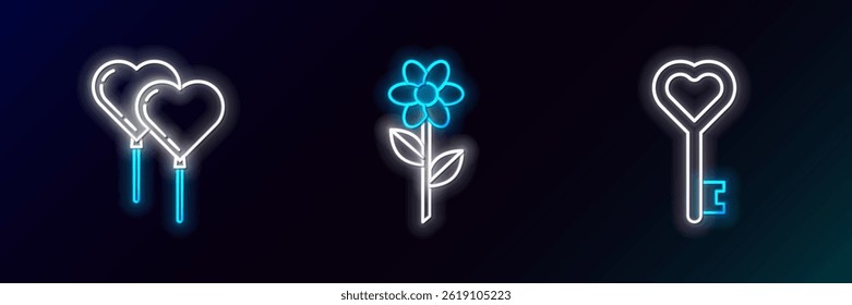 Set line Key in heart shape, Balloons form of with ribbon and Flower icon. Glowing neon. Vector