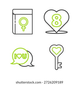 Set line Llave en forma de corazón, Burbuja de discurso con te amo, Corazón 8 de marzo y Libro sobre el icono de las mujeres. Vector