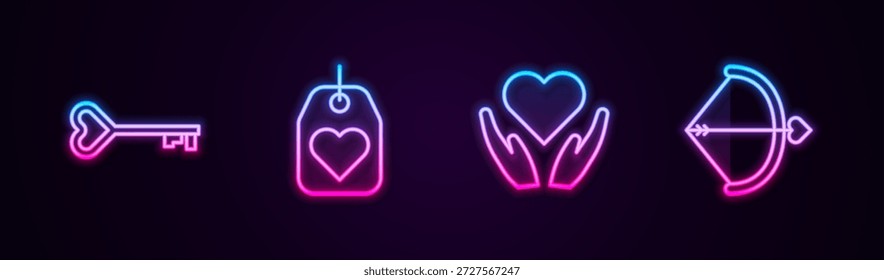 Clave en forma de corazón, etiqueta de corazón, mano y flecha de arco. Icono de neón brillante. Vector