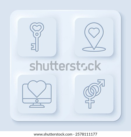 Set line Key in heart shape, Map pointer with heart, Computer monitor with heart and Gender. White square button. Vector