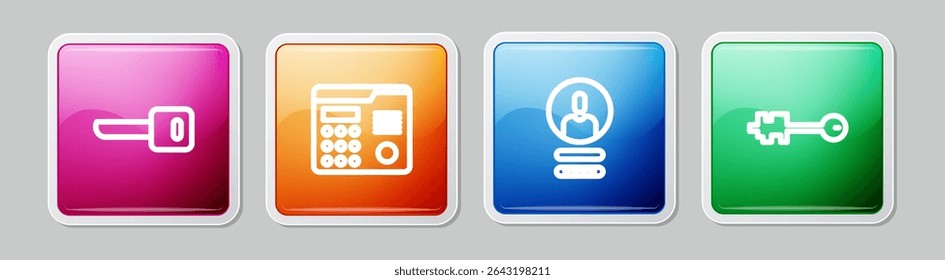 Set line Key, House intercom system, Create account screen and Old key. Colorful square button. Vector