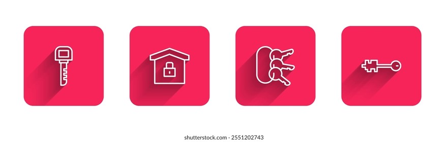 Set line Key, Casa bajo protección, Manojo de llaves y Viejo con sombra larga. Botón cuadrado rojo. Vector