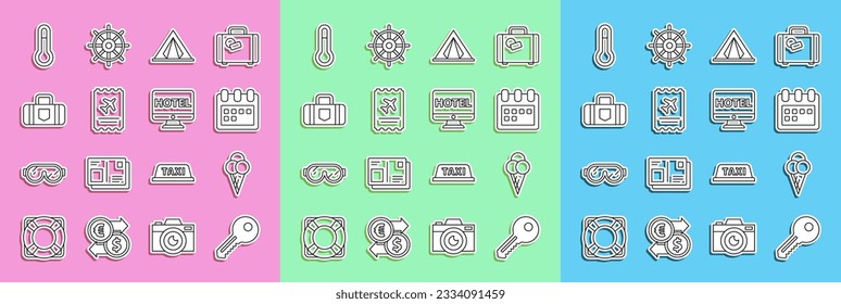 Set line Key, Ice cream in waffle cone, Calendar, Tourist tent, Airline ticket, Suitcase, Meteorology thermometer and Online hotel booking icon. Vector