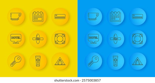 Set line Key, Location hotel, Kayak or canoe, Tourist tent, Lifebuoy, Coffee cup, Air conditioner and Calendar icon. Vector