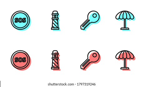 Set line Key, Location with SOS, Lighthouse and Sun protective umbrella for beach icon. Vector