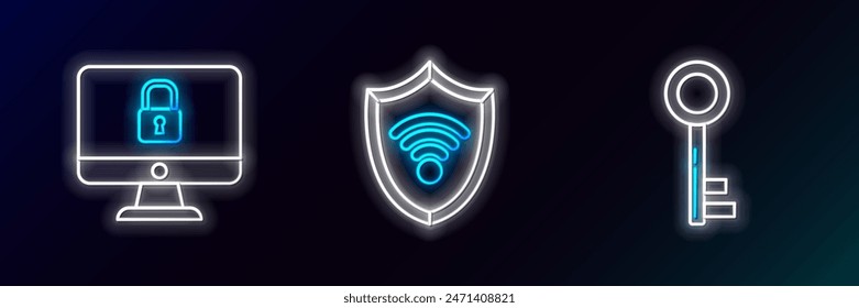 Set line Key, Lock on computer monitor screen and Shield with WiFi wireless internet network icon. Glowing neon. Vector