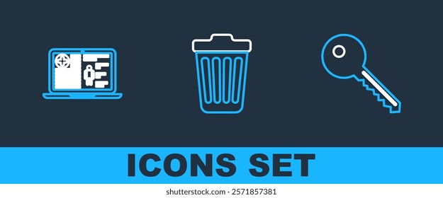 Set line Key, Medical clinical record and Trash can icon. Vector