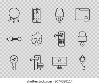 Set line Key, Old key, broke inside of padlock, Digital door, Bunch keys, Broken cracked, Lock on computer monitor and and icon. Vector
