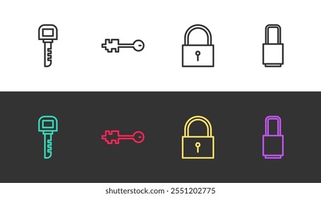 Set line Key, Old key, Lock and  on black and white. Vector