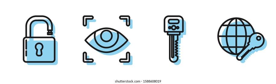 Set line Key , Open padlock , Eye scan  and Globe key  icon. Vector
