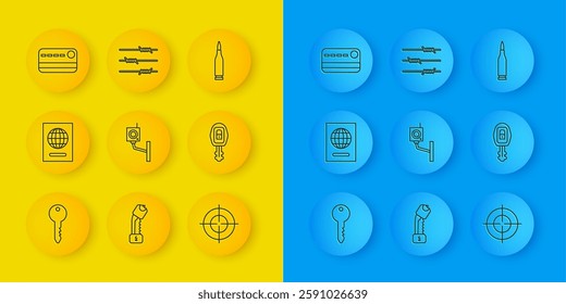 Set line Key, Passport, Security camera, Target, Car key with remote, Credit card, Bullet and Barbed wire icon. Vector