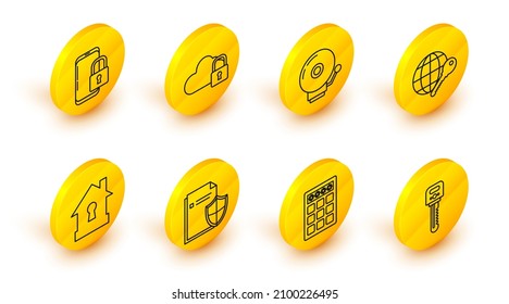 Establecer la clave de línea, protección de contraseña y acceso de seguridad, concepto de documento, House under, llave de globo, campana de alarma, bloqueo de computación en nube y Smartphone con icono de candado cerrado. Vector