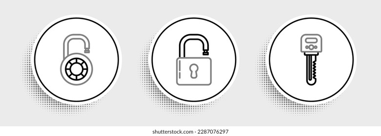 Set line Key, Safe combination lock wheel and Open padlock icon. Vector