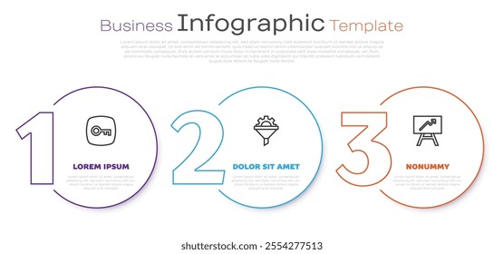 Set line Key, Sales funnel with gear and Board graph chart. Business infographic template. Vector