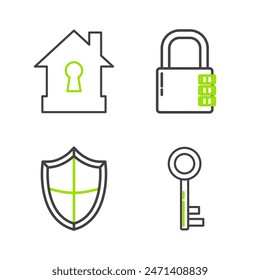 Set line Key, Shield, Safe combination lock and House under protection icon. Vector