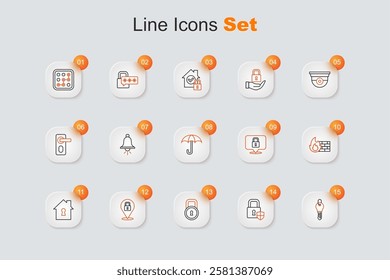 Set line Key, Shield security with lock, Lock, House under protection, Firewall, wall,  and Umbrella icon. Vector