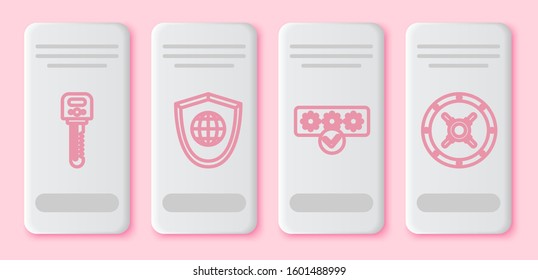 Set line Key , Shield with world globe , Password protection and safety access and Safe . White rectangle button. Vector