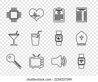 Set line Key, Smartwatch with wireless, Clinical record, Television tv, Processor CPU, Glass water, Speaker volume and Pope hat icon. Vector
