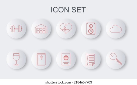 Set line Key, Wine glass, Heart rate, Document, Dumbbell, Warehouse, Holy bible book and Passport icon. Vector