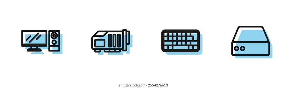 Set line Keyboard, Computer monitor, Video graphic card and Server, Data, Web Hosting icon. Vector