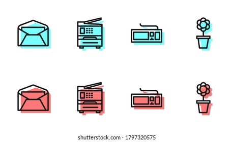 Set line Keyboard, Envelope, Printer and Flower pot icon. Vector
