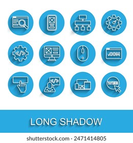 Set line Keyboard, Front end development, UI or UX design, Monitor, mobile, tablet, Web and graphic,  and Computer mouse icon. Vector