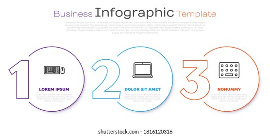 Set line Keyboard and mouse, Laptop and Pills in blister pack. Business infographic template. Vector