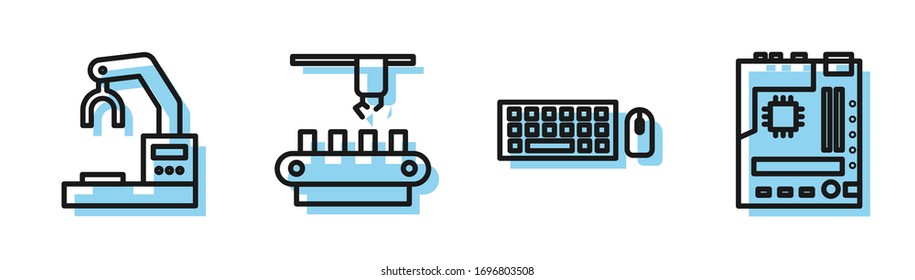 Línea Teclado y ratón, Robótico robot fábrica de mano, cinturón de sistema transportador de fábrica e icono de la tarjeta madre. Vector