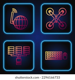 Set line Keyboard and mouse, Server, Data, Web Hosting, Social network and Drone flying. Gradient color icons. Vector