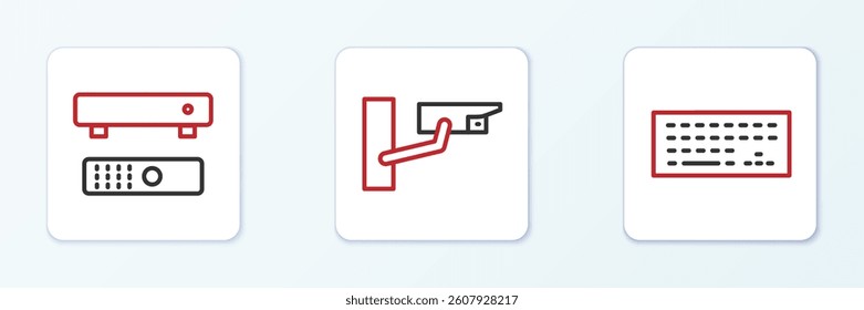 Set line Keyboard, Multimedia and TV box and Security camera icon. Vector