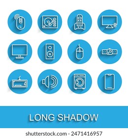 Set line Keyboard, Speaker volume, Wireless computer mouse, Washer, Smartphone, mobile phone, Stereo speaker, Smartwatch and Computer icon. Vector