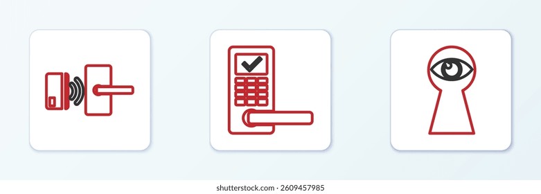 Set line Keyhole with eye, Digital door lock wireless and  icon. Vector