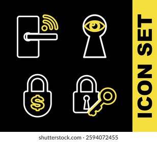 Set line Keyhole with eye, Lock and key, Money lock and Digital door wireless icon. Vector
