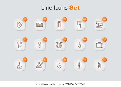 Set line Keytar, Flute, Banjo, Triangle musical instrument, Balalaika, Guitar amplifier, Violin and Ancient Greek lyre icon. Vector