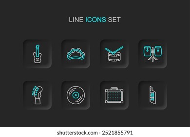 Set line Keytar, amplificador de guitarra, disco de vinilo, cuello, batería Conga, batería con palos, pandereta e icono de bajo eléctrico. Vector