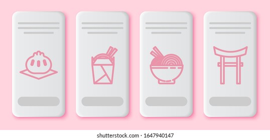 Set line Khinkali on cutting board, Asian noodles in paper box and chopsticks, Asian noodles in bowl and chopsticks and Japan Gate. White rectangle button. Vector