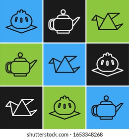 Set line Khinkali on cutting board, Origami bird and Japanese tea ceremony icon. Vector
