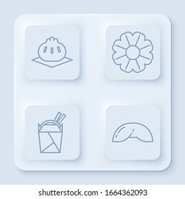 Set line Khinkali on cutting board, Flower, Asian noodles in paper box and chopsticks and Chinese fortune cookie. White square button. Vector