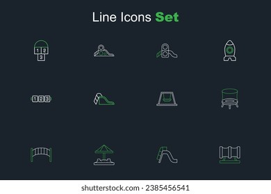 Set line Kid playground slide pipe, Slide, Sandbox with sand, Playground kids bridge, Jumping trampoline, Ferris wheel,  and Education logic game icon. Vector