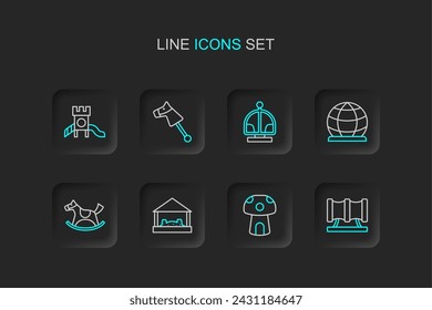 Set line Kid playground slide pipe, Mushroom house, Sandbox with sand, Horse in saddle swing, Playground climbing equipment, Attraction carousel, Toy horse and Slide icon. Vector