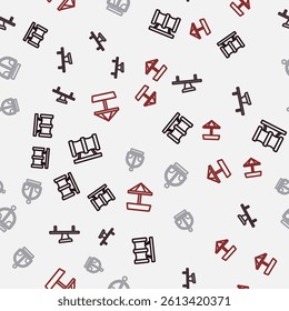 Set line Kid playground slide pipe, Seesaw, Attraction carousel and Sandbox with sand on seamless pattern. Vector
