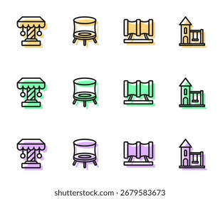 Set line Kid playground slide pipe, Attraction carousel, Jumping trampoline and Swing for kids icon. Vector