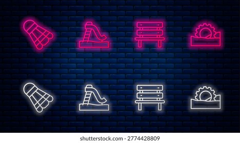 Set line Kid slide, Bench, Badminton shuttlecock and Ferris wheel. Glowing neon icon on brick wall. Vector