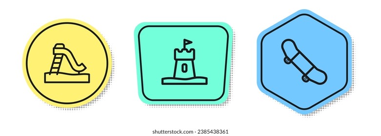 Set line Kid slide, Sand tower and Skateboard trick. Colored shapes. Vector