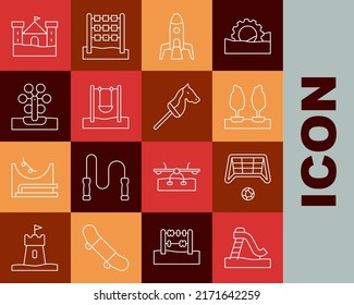 Set line Kid slide, Soccer goal with ball, Forest, Rocket ship, Swing, Ferris wheel, Sand castle and Toy horse icon. Vector